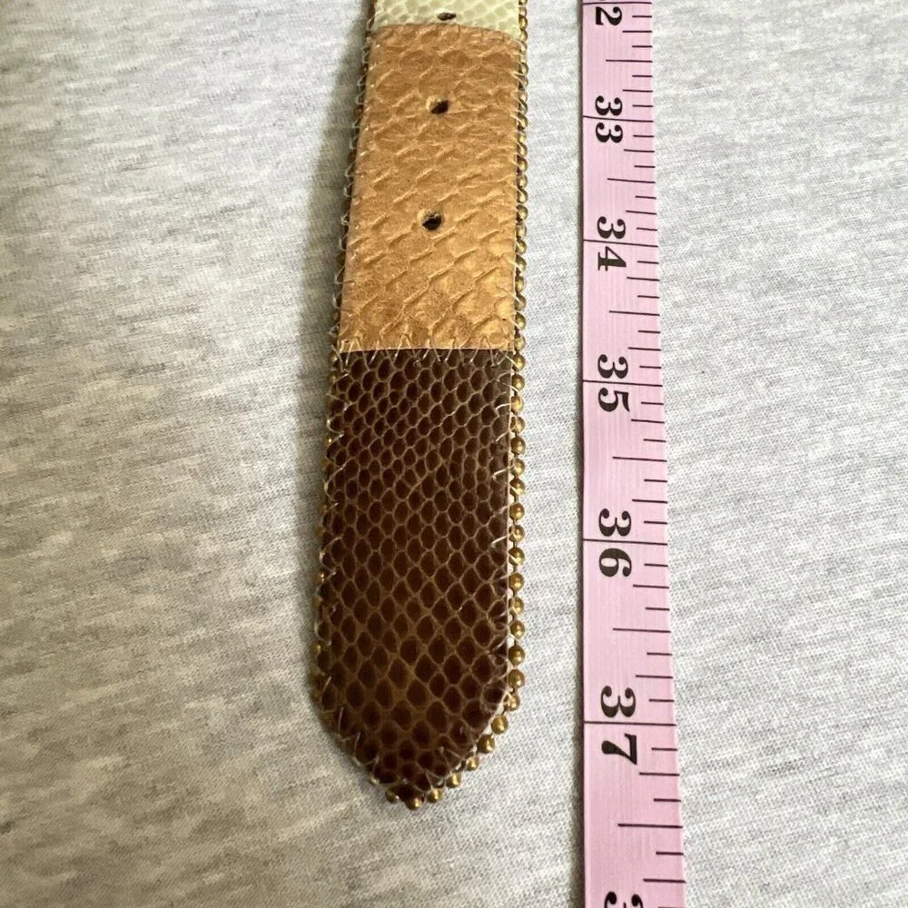 Elite Womens Belt Large Tan Patchwork Metallic Snake Reptile Textured Leather 1